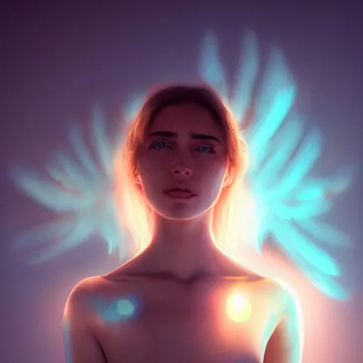 Image similar to portrait art of female angel, art by alessio albi 8 k ultra realistic, angel wings, lens flare, atmosphere, glow, detailed, intricate, full of colour, led lighting, trending on artstation, 4 k, hyperrealistic, focused, extreme details, unreal engine 5, masterpiece