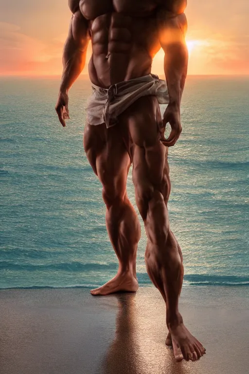 Image similar to a very muscular and defined man wearing ripped pants and shirt looking to the sea at sunset, godrays, complementary colors, natural lighting, portait image, path tracing, serene landscape, high quality, highly detailed, 8K, soft colors, warm colors, turbulent sea, high coherence, anatomically correct, hyperrealistic, concept art, defined face, five fingers, symmetrical