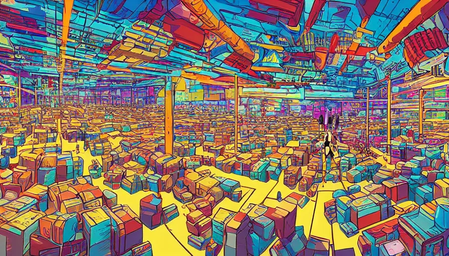 Image similar to a warehouse with huge shelves in which stacks of paper are stored, video game vector cutout illustration vivid multicolor borderlands comics by josan gonzales and dan mumford radiating a glowing aura