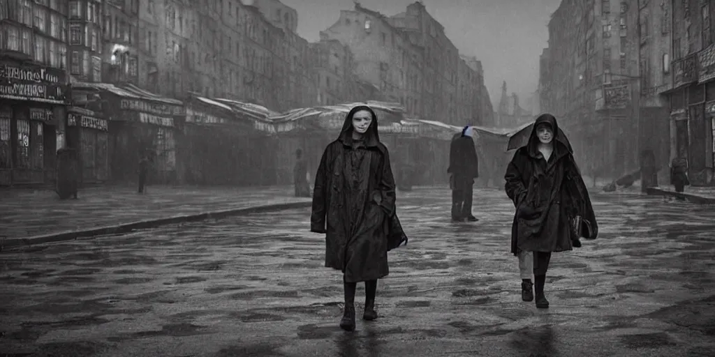 Image similar to medium shot | sadie sink in hoodie | lonely market stall selling umbrellas | in ruined square, pedestrians on both sides | steampunk tenement windows in background : 3 5 mm film, anamorphic, from schindler's list by steven spielberg. cyberpunk, cinematic atmosphere, detailed and intricate, perfect anatomy