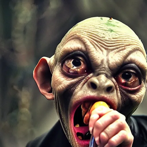 Prompt: Gollum screaming on rock concert , black metal band artist