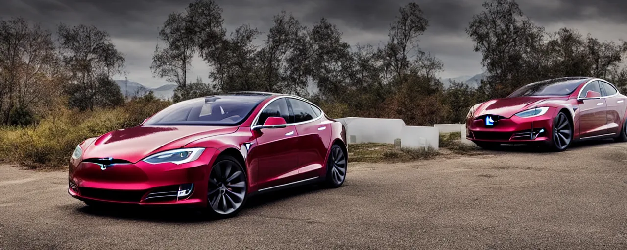 Image similar to Tesla model s plaid in its newest futuristic version in 2040 on front of a beautifully lit landscape style of Dylan Cole