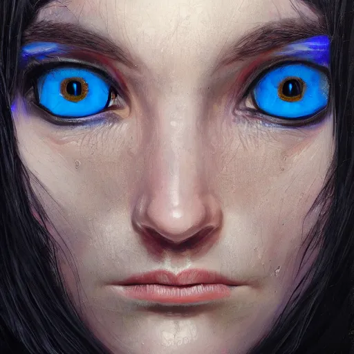 Image similar to beautiful female wizard, detailed face, blue eyes, black clothing, daughter of death, featured on artstation, 8k highly detailed, intricate oil painting, concept art