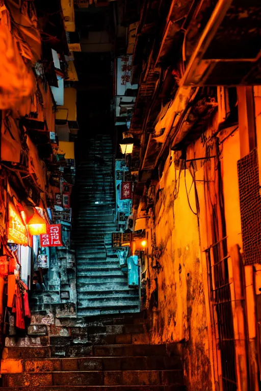 Image similar to an interior view of an old walled city in Hong Kong, colorful, dated and old, dark moody lighting, night, very detailed, photoreal, 8k, canon 20mm lens