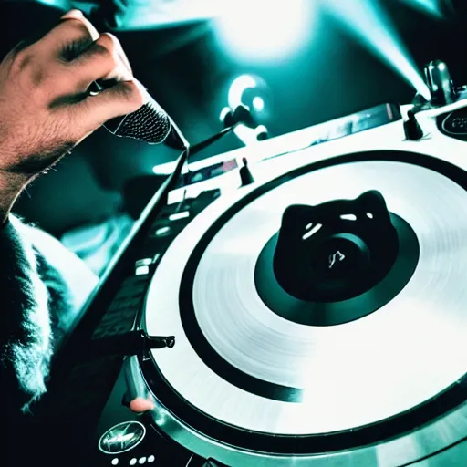 Image similar to instagram photo of a dj hip hop grizzly bear spinning turn tables and holding a microphone