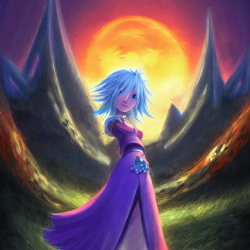 Image similar to painting of vivi from final fantasy 9!!!!!, watching a purple and orange sunset!!, from the black mage cemetery!!!, in the style of justin gerard!!!!