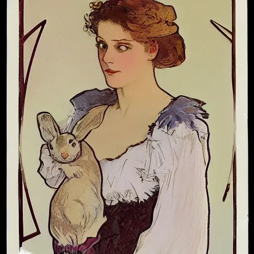 Image similar to an edwardian woman wearing white, holding a rabbit, in the style of mucha