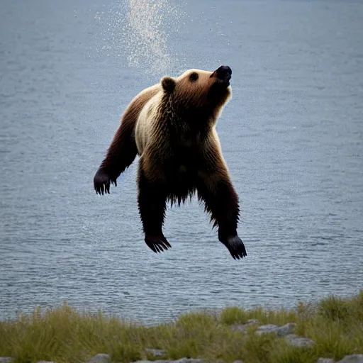 Prompt: jumping grizzly bear, photo, masterpiece