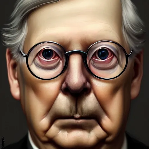 Image similar to amazingly beautiful portrait of a hyper realistic, frowning, sad mitch mcconnell ( ( turtle ) ) by greg rutkowski, artgerm, alphonse mucha, concept art, octane render, highly detailed, high quality, 8 k, soft lighting, path traced