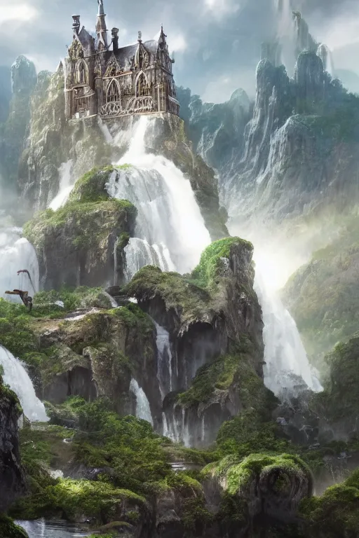 Prompt: extreme low angle shot of a beautiful elven castle made of silver above huge waterfalls, lovely valley, by James Gurney, by Greg Rutkowski, concept art, volumetric lighting, intricate, vivid colors, octane render, trending on artstation, 8k