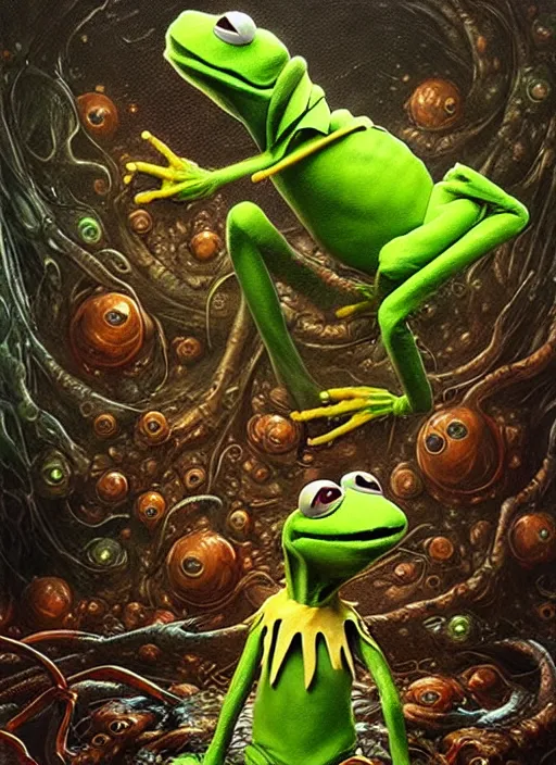Prompt: a monstrous version of kermit the frog wallows in a pool of festering liquid virulence, cosmic horror painting, elegant intricate digital painting artstation concept art by mark brooks and brad kunkle detailed