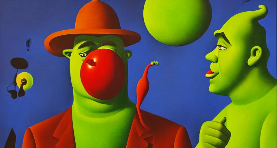 Prompt: a surrealist painting of shrek by alexandr archipenko and rene magritte and joan miro, 4 k, trending on artstation, detailed, wallpaper background, film still