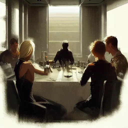 Image similar to concept art by greg rutkowski, a very tall, and slender woman with blond hair, sitting with the crew in the ship's dining room, brutalist futuristic interior, dark lighting atmosphere, detailed portraits, nostalgic atmosphere, scifi, digital painting, artstation, concept art, smooth, sharp foccus ilustration, artstation hq