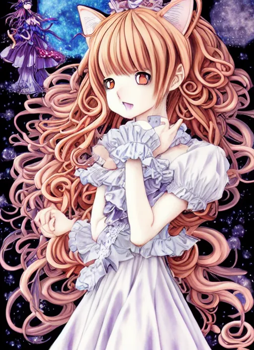 Image similar to fantastic manga character design of beautiful cat girl witch with a robot, curls hair, rococo ruffles dress, rosette, symmetrical face, cute, fairy, by mai yoneyama, takeshi obata, katsuhiro otomo, kelly mckernan, detailed background, illustration, artstation, concept art, highly detailed, colorful, maximalist