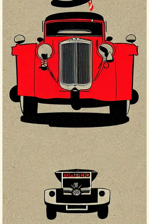 Prompt: a drawing of a car with a hat on top of it, poster art by bauhaus, behance, bauhaus, constructivism, poster art, concert poster