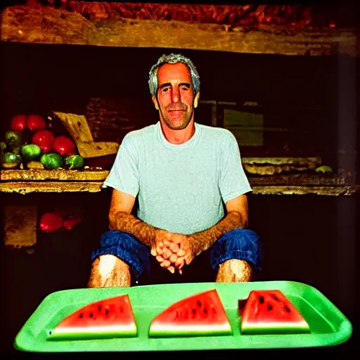 Prompt: a photo of jeffrey epstein sitting in a hut in hawaii with various square watermelons everywhere in the room, portra 4 0 0