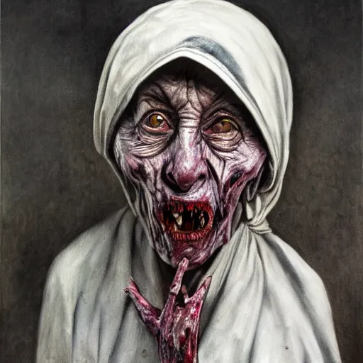 Image similar to a hyperrealistic painting of mother theresa as a zombie, by santiago caruso, highly detailed, sharp focus,