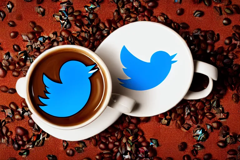 Prompt: a cup of coffee with twitter logo, close-up photograph, award winning