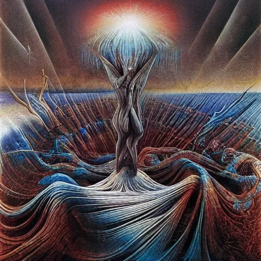 Prompt: all matter is merely energy condensed to a slow vibration we are all one consciousness experiencing itself subjectively there's no such thing as death, life is only a dream and we're the imagination of ourselves, epic surrealism oil paint by Ernst Fuchs, Zdzislaw Beksinski, Katsuhuro Otomo highly detailed