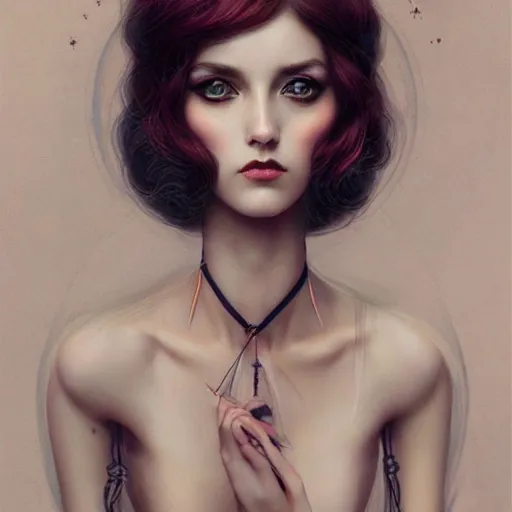 Prompt: tom bagshaw portrait, very beautiful blesed dollpunk in a full dress and long thin lustrous auburn hair, professionally retouched, ultra realistic soft painting, perfectly detailed linework, symmetrical accurate intricate features, behance, focus