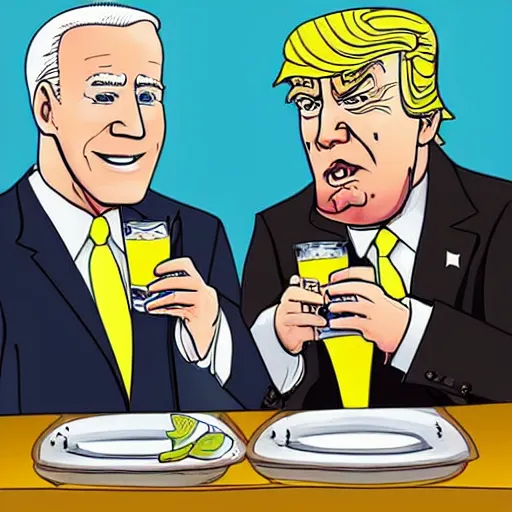 Image similar to cartoon drawing of Biden and Trump together drinking a lemon drink with Rio de Janeiro mountains on the background