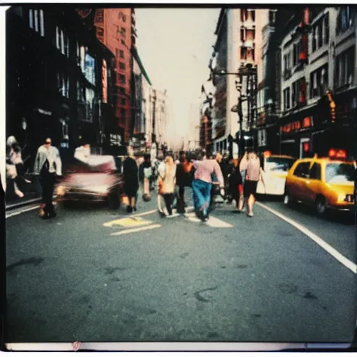 Prompt: wide - shot very low - angle, messy photo of people in the busy street, crossing road, polaroid photo, by andy warhol