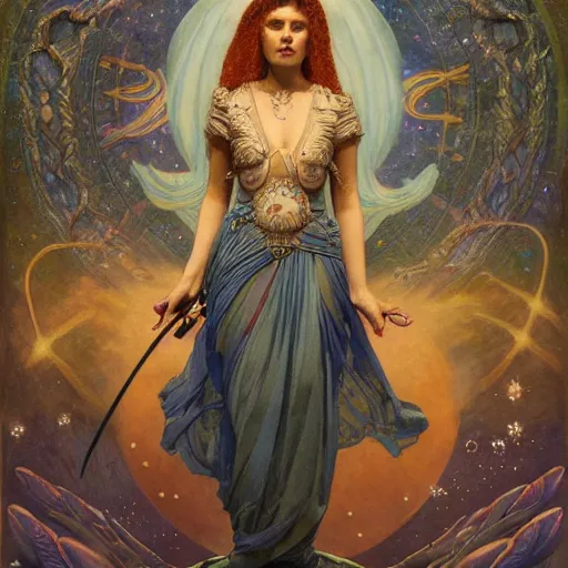 Image similar to queen of the moon with stars in her hair, by tino rodriguez and annie swynnerton and nicholas roerich and jean delville and donato giancola and tom bagshaw and evelyn demorgan and diego rivera, dramatic lighting, floral tattoos, rich colors, smooth sharp focus, extremely detailed, adolf wolfli