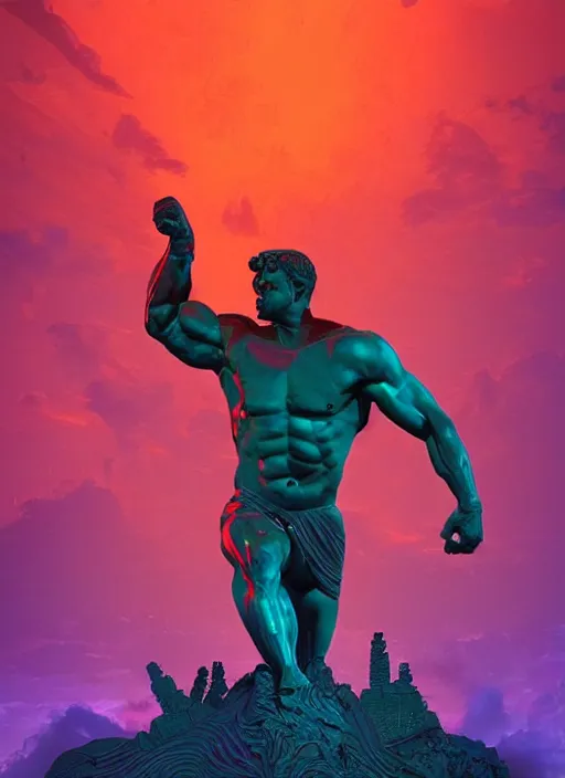 Image similar to statue of hercules, heroic, beeple, android jones, dan mumford, vaporwave, retrowave, black background, neon wiring, black, glitch, strong contrast, cuts, pinterest, trending on artstation