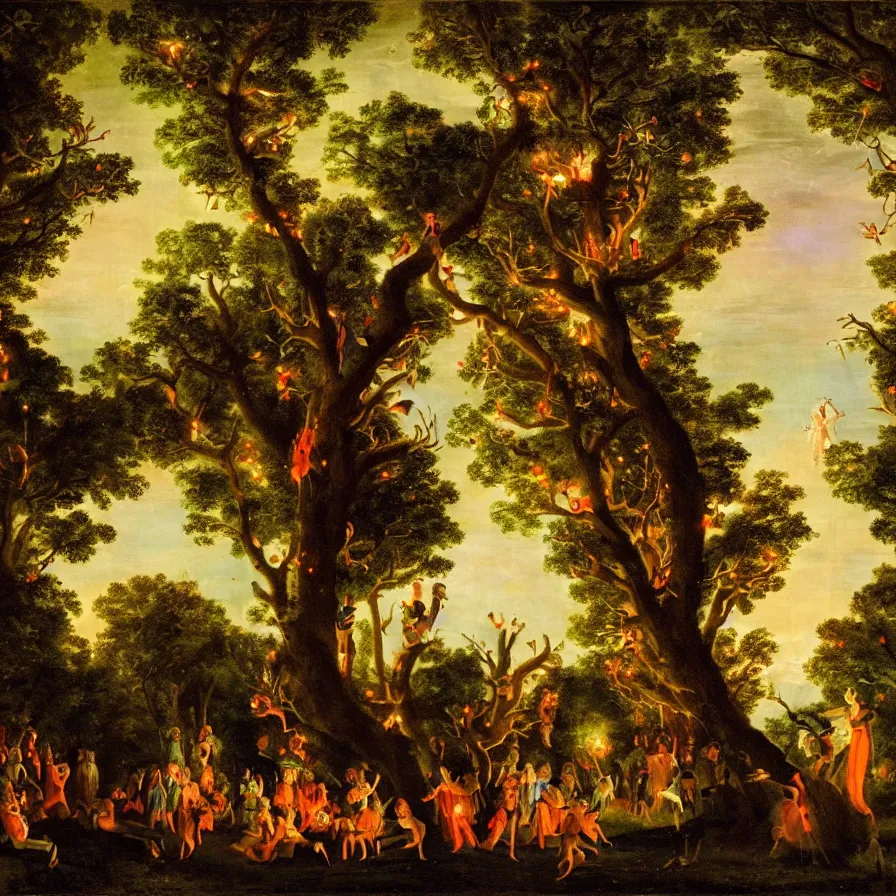 Image similar to a night carnival around a magical tree cavity, with a surreal orange moonlight and fireworks in the background, next to a lake with iridiscent water, christmas lights, folklore animals and people disguised as fantastic creatures in a magical forest by summer night, masterpiece painted by pompeo girolamo batoni, dark night environment