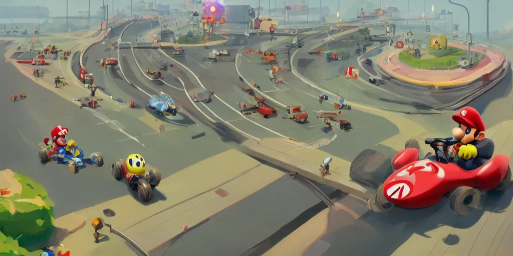 Image similar to Mario Kart by Goro Fujita and Simon Stalenhag , 8k, trending on artstation, hyper detailed, cinematic