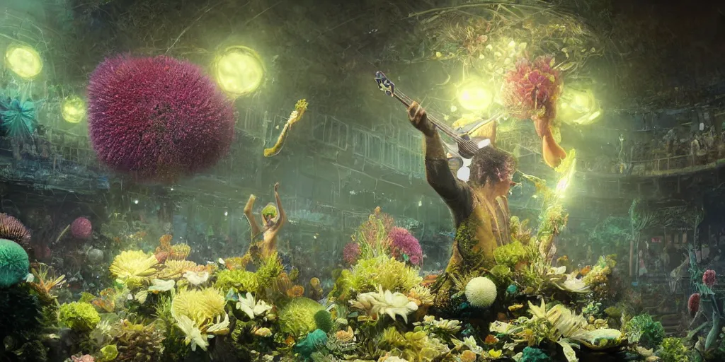 Prompt: digital artwork of anthromorphic sea urchin male, rock band, performing on stage full of beautiful flowers, guitar, advanced stage lighting, audience under stage waving green glow sticks, concept art, 8 k, by greg rutkowski, gaston bussiere, 3 d vray render, craig mullins, high detail, cinematic, ue 4, unreal engine