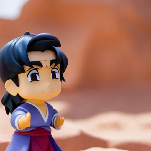 Image similar to side view of young aladdin as nendoroid running in desert village, 8 k hd dof, kodak film,