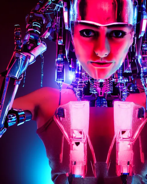 Image similar to portrait photo of female dancer as a cyberpunk mecha humanoid robotic head shoulder parts with straight bright led lights, under a waterfall, ultra - realistic and detailed, 8 k