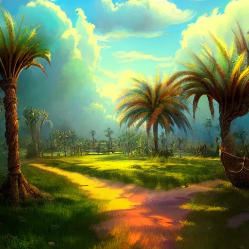 Prompt: a concept painting in the style of esao andrews of a village with beautiful dramatic clouds, dappled lighting, lush landscaping, date palm trees, shrubs and flowers. esao andrews, trending on artstation