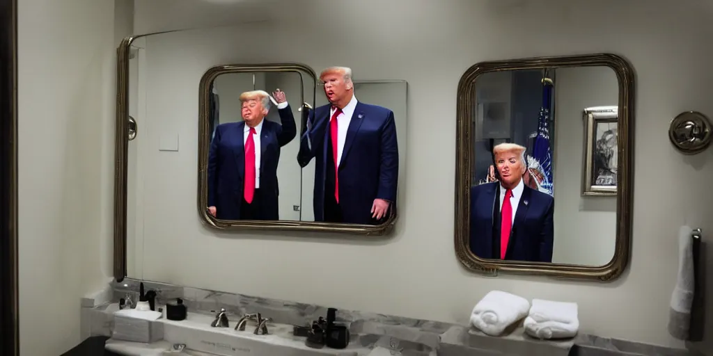 Image similar to ultra wide angle photo of donald trump wearing a looking at himself in a bathroom mirror and seeing his reflection dressed as an oompa loompa