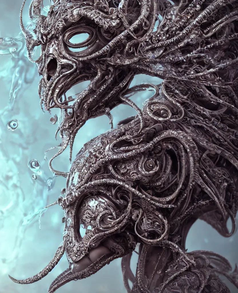 Prompt: close-up macro portrait of the face of a beautiful princess with ram skull mask, epic angle and pose, symmetrical artwork, 3d with depth of field, blurred background, cybernetic jellyfish female face skull phoenix bird, translucent, nautilus, energy flows of water and fire. a highly detailed epic cinematic concept art CG render. made in Maya, Blender and Photoshop, octane render, excellent composition, cinematic dystopian brutalist atmosphere, dynamic dramatic cinematic lighting, aesthetic, very inspirational, arthouse. y Greg Rutkowski, Ilya Kuvshinov, WLOP, Stanley Artgerm Lau, Ruan Jia and Fenghua Zhong
