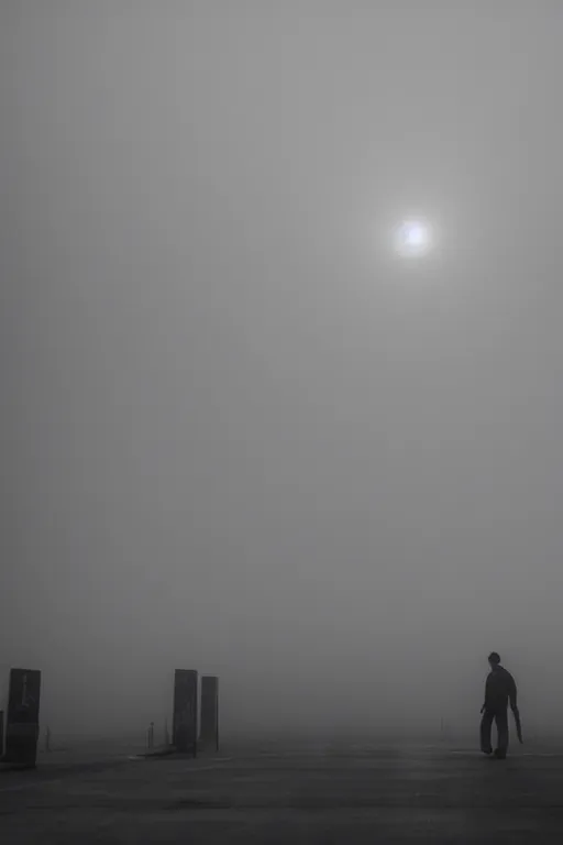 Image similar to empty parking lot, foggy, silhouettes of people floating in sky