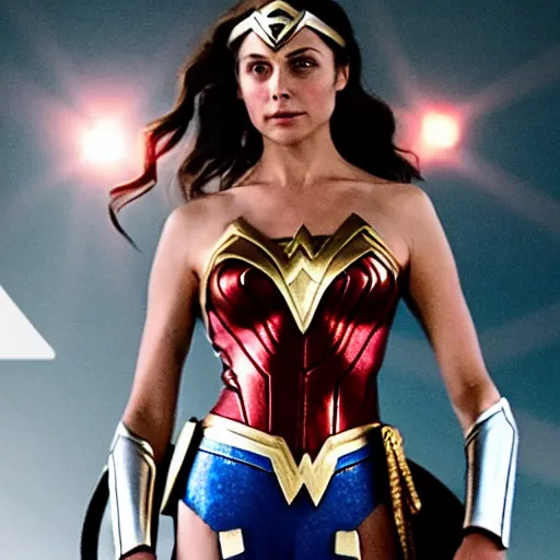 Prompt: film still of willa holland as an attractive wonder woman in the 2 0 1 7 film justice league, bleach - blonde - hair!!!!!!!!!!!!, focus - on - facial - details!!!!!!!!!!!!, minimal bodycon feminine costume, dramatic cinematic lighting, front - facing perspective, promotional art