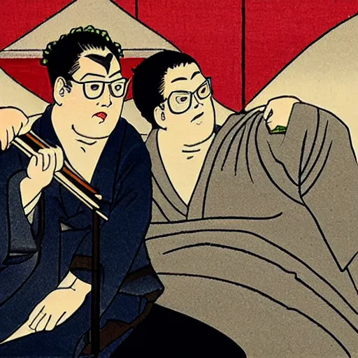 Image similar to ukiyo-e scene featuring jonah hill. nerdy jonah hill Superbad. Handsome male actor