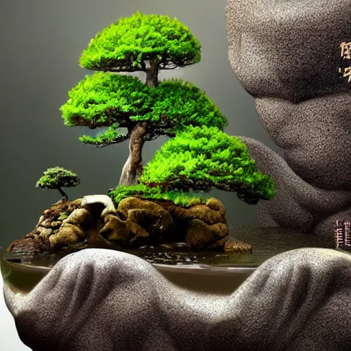 Prompt: digital art of a miniature bonsai,diorama,waterfall,artstation,3D,cartoony,amazing,pretty,cool,google images