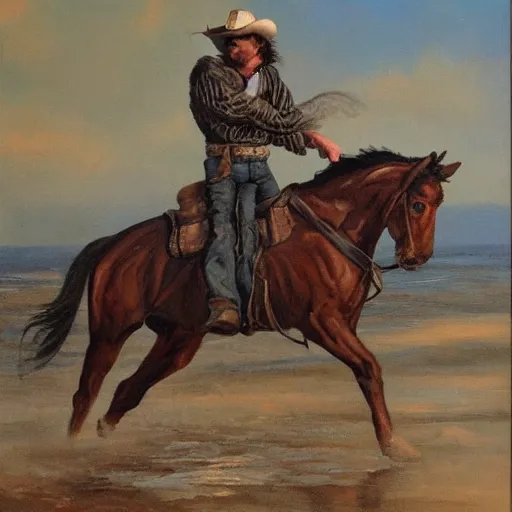 Image similar to a painting of a cowboy riding a seahorse