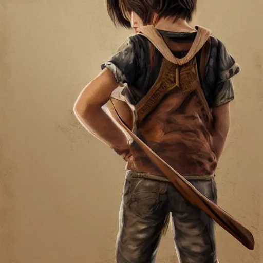 Prompt: highly realistic full body art, boy with brown hair and brown eyes, a wooden bow on his back, highly detailed and intricate, concept art illustration