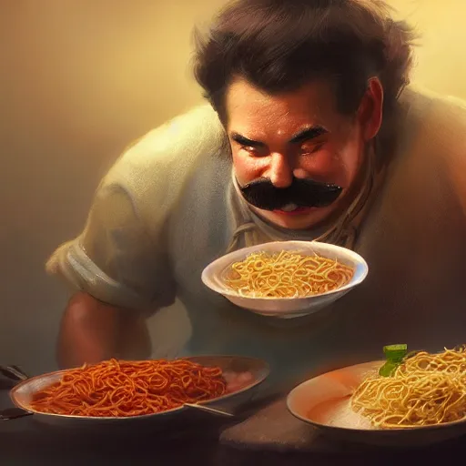 Prompt: A chef with a big mustache proundly making a yakisoba, digital painting, artstation, concept art, Craig Mullins, Breathtaking, 8k resolution, extremely detailed, beautiful, establishing shot, artistic, hyperrealistic, octane render, cinematic lighting, dramatic lighting, masterpiece, light brazen, extremely detailed and beautiful face