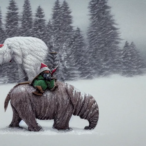 Prompt: A small gnome riding a Mammoth in a snowy landscape, photorealistic