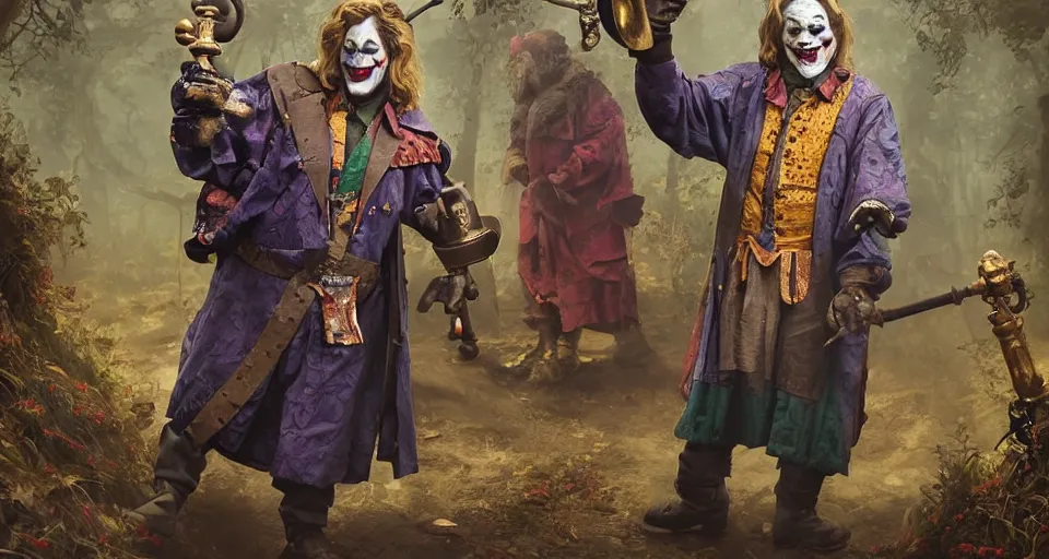 Image similar to robert de niro as medieval joker, crazy colorful clothing with a heavy golden mace in his left hand and a beer jug in his right hand, full body portrait, symmetrical face, intricate details, wandering through a forbidden forest, trending on artstation, 8k hyperrealistic, style of peter mohrbacher, octane render, unreal engine