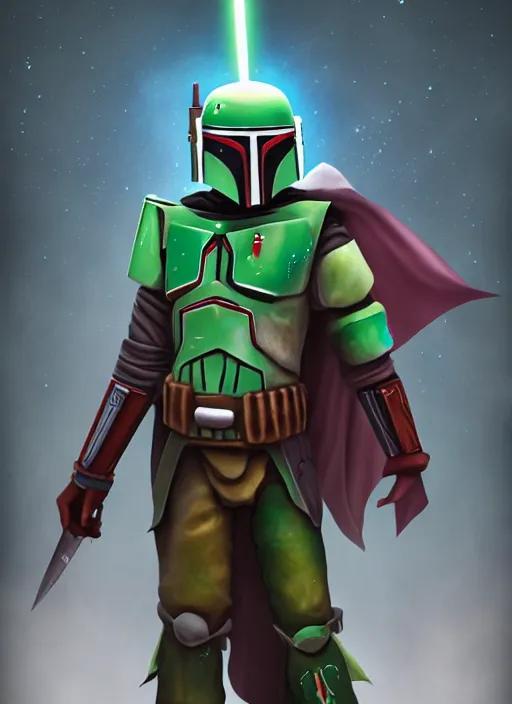 Image similar to arcane wizard x boba fett, fantasy inspired boba fett as a wizard in a scenic environment, 3 d digital art, character mashup, epic volumetric lighting, combination art, photorealistic, sharp focus, aesthetic, inspired by studio ghibli