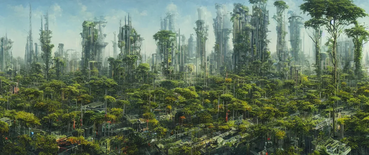 Image similar to matte painting of high tech city overgrown with plants, vincent di fate, masterpiece,