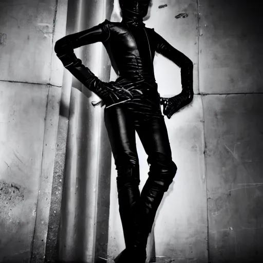 Image similar to fashion photography of an extraterrestrial model, holding a leather whip, wearing demobaza fashion, inside berghain, berlin fashion, harness, futuristic fashion, dark minimal outfit, photo 3 5 mm leica, hyperdetail, berghain, 8 k, very detailed, photo by nick knight