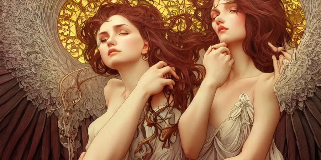 Image similar to beautiful woman is turning into an angel, dark surrealism, intricate, elegant, highly detailed, artstation, concept art, smooth, sharp focus, illustration, art by artgerm and moebius and alphonse mucha