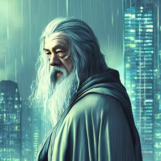 Image similar to cyberpunk gandalf, lord of the rings, photorealistic, 4 k, rain, blade runner, ultra realistic. isometric